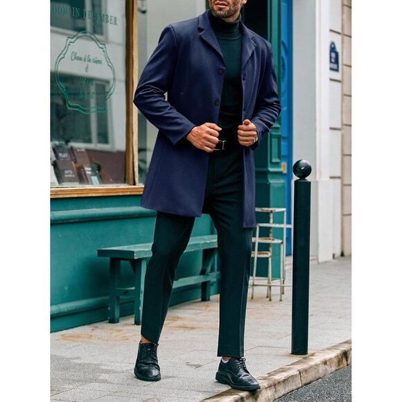 Men Navy Blue Trench Coat Double Breasted Mid Long Jacket Casual Belted Overcoat - Picture 4 of 5